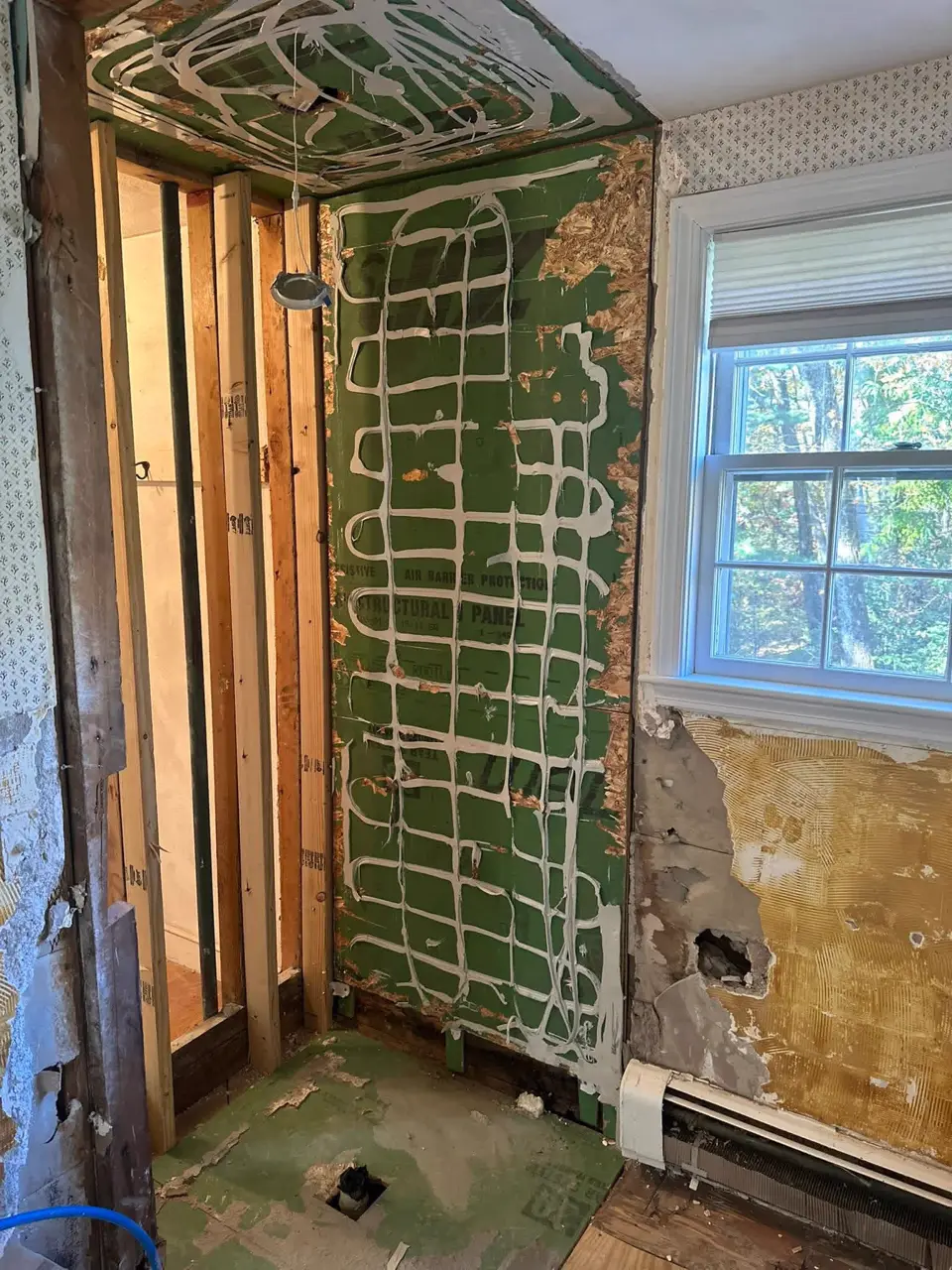 Framing: new shower wall framed and waterproofed
