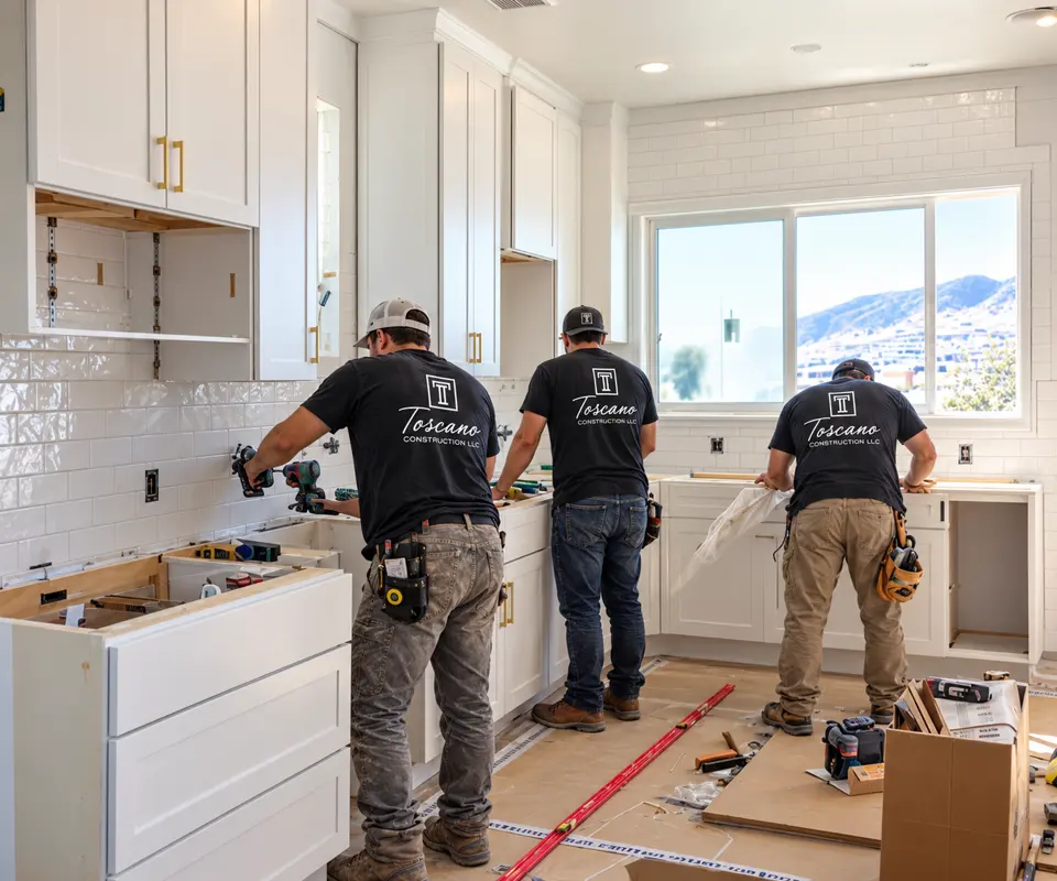 Toscano crew installing kitchen cabinets and trim